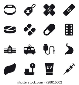 16 vector icon set : smart bracelet, uv cream, syringe