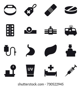 16 vector icon set : smart bracelet, uv cream, hospital, syringe