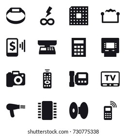 16 vector icon set : smart bracelet, infinity power, cpu, electrostatic, mobile pay, market scales, calculator, atm, camera, remote control, intercome, tv, hair dryer