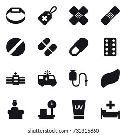 16 vector icon set : smart bracelet, uv cream, hospital