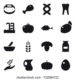 16 vector icon set : smart bracelet, chicken leg, pool, mortar, spikelets, mushroom, flour, harvest, jug, pumpkin, egg