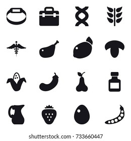 16 vector icon set : smart bracelet, mushroom, corn, eggplant, pear, pills bottle, jug, strawberry, egg, peas