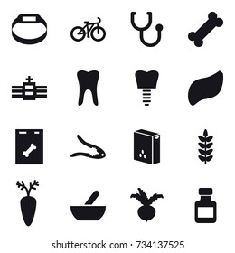 16 vector icon set : smart bracelet, bike, walnut crack, mortar, beet, pills bottle