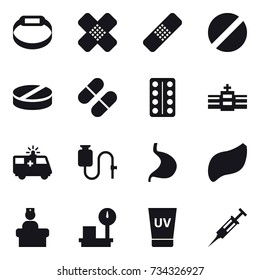 16 vector icon set : smart bracelet, uv cream, syringe