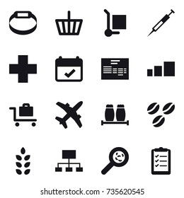 16 vector icon set : smart bracelet, basket, cargo stoller, baggage trolley, coffee seeds, spikelets, hierarchy, viruses, clipboard list