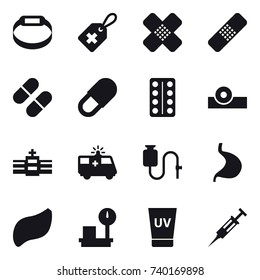 16 vector icon set : smart bracelet, uv cream, syringe