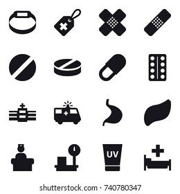 16 vector icon set : smart bracelet, uv cream, hospital