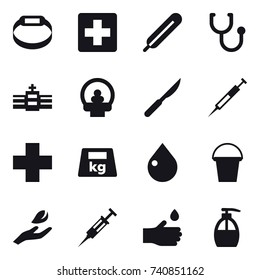 16 vector icon set : smart bracelet, drop, bucket, hand leaf, syringe, hand drop, liquid soap