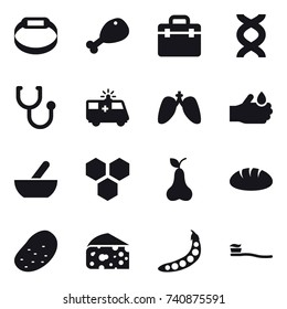 16 vector icon set : smart bracelet, chicken leg, mortar, honeycombs, pear, bread, potato, cheese, peas, tooth brush