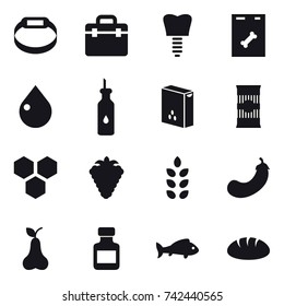 16 vector icon set : smart bracelet, drop, honeycombs, berry, spikelets, eggplant, pear, pills bottle, fish, bread