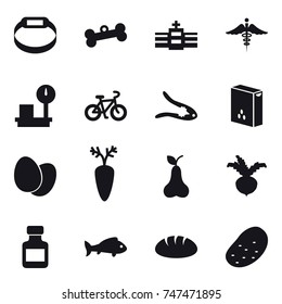 16 vector icon set : smart bracelet, bone, bike, walnut crack, pear, beet, pills bottle, fish, bread, potato