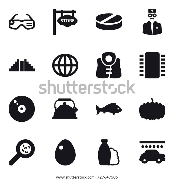 16 vector icon set : smart glasses, store signboard,\
pyramid, globe, life vest, kettle, fish, pumpkin, viruses, egg,\
shampoo, car wash