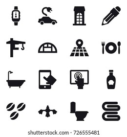 16 vector icon set : smartwatch, electric car, building, pencil, tower crane, greenhouse, cafe, bath, coffee seeds, hard reach place cleaning, toilet, stack of towels