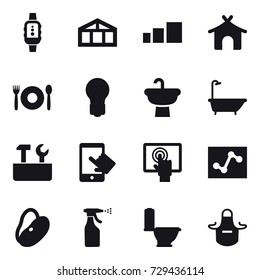 16 vector icon set : smartwatch, greenhouse, bungalow, cafe, bulb, bath, repair tools, sprayer, toilet, apron
