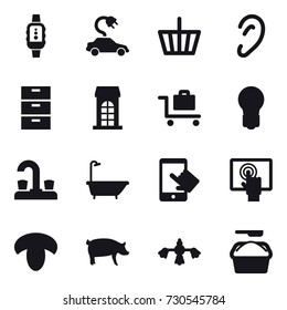 16 vector icon set : smartwatch, electric car, basket, building, baggage trolley, bulb, water tap, bath, mushroom, pig, hard reach place cleaning, washing powder