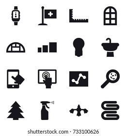 16 vector icon set : smartwatch, ruler, arch window, greenhouse, bulb, viruses, spruce, sprayer, hard reach place cleaning, stack of towels
