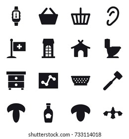 16 vector icon set : smartwatch, basket, building, bungalow, toilet, nightstand, kolander, meat hammer, mushroom, hard reach place cleaning