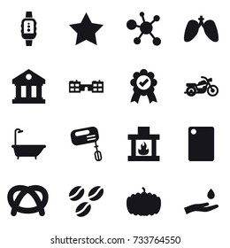 16 vector icon set : smartwatch, star, library, school, motorcycle, bath, mixer, fireplace, cutting board, coffee seeds, pumpkin, hand and drop