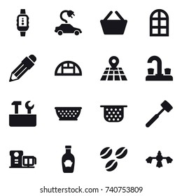 16 vector icon set : smartwatch, electric car, basket, arch window, pencil, greenhouse, water tap, repair tools, kolander, colander, meat hammer, coffee seeds, hard reach place cleaning