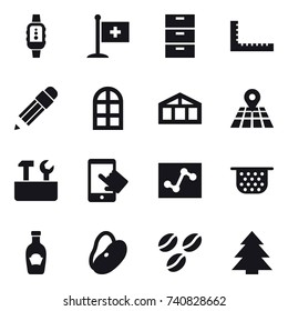 16 vector icon set : smartwatch, ruler, pencil, arch window, greenhouse, repair tools, colander, coffee seeds, spruce