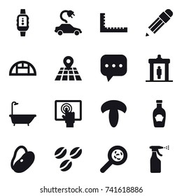 16 vector icon set : smartwatch, electric car, ruler, pencil, greenhouse, detector, bath, coffee seeds, viruses, sprayer