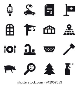16 vector icon set : smartwatch, electric car, account balance, arch window, tower crane, greenhouse, cafe, water tap, kolander, meat hammer, pig, viruses, spruce, sprayer