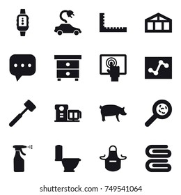 16 vector icon set : smartwatch, electric car, ruler, greenhouse, nightstand, meat hammer, pig, viruses, sprayer, toilet, apron, stack of towels