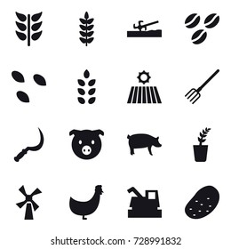 16 vector icon set : soil cutter, coffee seeds, seeds, spikelets, field, fork, sickle, pig, seedling, windmill, chicken, harvester, potato