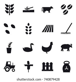 16 vector icon set : soil cutter, cow, coffee seeds, seeds, spikelets, field, rake, seedling, goose, chicken, sheep, tractor, scarecrow, grain elevator, fertilizer