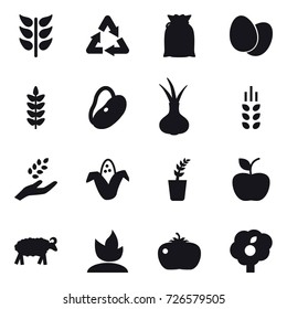 16 vector icon set : spikelets, harvest, corn, seedling, apple, sheep, sprouting, tomato, garden