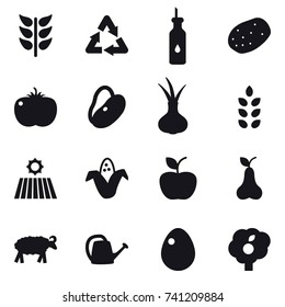 16 vector icon set : spikelets, field, corn, apple, pear, sheep, watering can, egg, garden