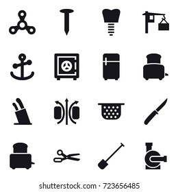 16 vector icon set : spinner, nail, safe, fridge, toaster, stands for knives, colander, knife, scissors, shovel, water pump