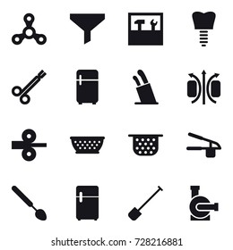 16 vector icon set : spinner, funnel, tools, fridge, stands for knives, kolander, colander, garlic clasp, big spoon, shovel, water pump