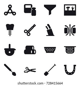 16 vector icon set : spinner, scales weight, funnel, tools, stands for knives, kolander, colander, big spoon, scissors, shovel, horseshoe