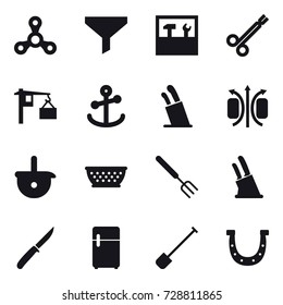 16 vector icon set : spinner, funnel, tools, stands for knives, kolander, big fork, knife holder, knife, shovel, horseshoe