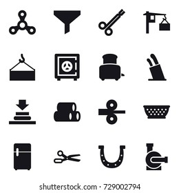 16 vector icon set : spinner, funnel, safe, toaster, stands for knives, kolander, scissors, horseshoe, water pump