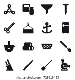 16 vector icon set : spinner, scales weight, funnel, nail, fridge, kolander, big spoon, knife holder, knife, shovel, water pump
