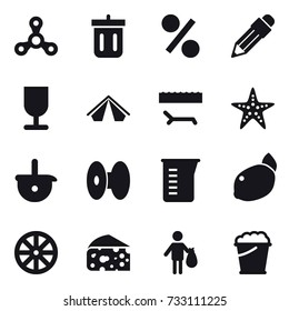 16 vector icon set : spinner, bin, percent, pencil, tent, lounger, starfish, measuring cup, wheel, cheese, trash, foam bucket