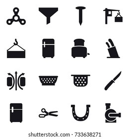 16 vector icon set : spinner, funnel, nail, fridge, toaster, stands for knives, kolander, colander, knife, scissors, horseshoe, water pump