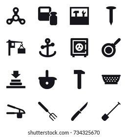 16 vector icon set : spinner, scales weight, tools, nail, safe, pan, kolander, garlic clasp, big fork, knife, shovel
