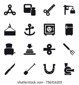 16 vector icon set : spinner, scales weight, safe, fridge, toaster, big fork, knife, shovel, horseshoe, water pump
