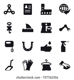 16 vector icon set : spinner, mansion, shark flipper, coffee maker, horseshoe, hand drop, sprayer, scoop, gloves, hanger, wiping