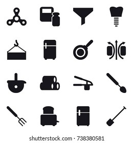 16 vector icon set : spinner, scales weight, funnel, fridge, pan, garlic clasp, big spoon, big fork, shovel