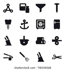 16 vector icon set : spinner, scales weight, funnel, nail, safe, fridge, stands for knives, garlic clasp, big fork, knife holder, scissors