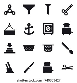 16 vector icon set : spinner, funnel, nail, safe, toaster, kolander, colander, big spoon, knife holder, knife, scissors