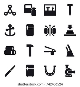 16 vector icon set : spinner, scales weight, tools, nail, fridge, garlic clasp, knife holder, knife, horseshoe, water pump