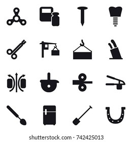 16 vector icon set : spinner, scales weight, nail, stands for knives, garlic clasp, big spoon, shovel, horseshoe