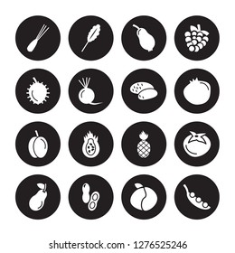 16 vector icon set : Spring onion, Peach, Peanut, Pear, Persimmon, Pea, Rambutan, Plum, Potato isolated on black background