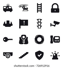 16 vector icon set : stairs, lock, building helmet, surveillance, key, life vest, lifebuoy, intercome, surveillance camera