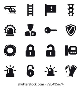 16 vector icon set : stairs, key, shield, lifebuoy, locked, unlocked, intercome, alarm, gloves